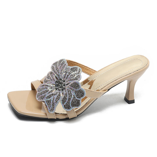 Damen elegante Sandalen mit funkelndem Blumen-Design und komfortablem Absatz EB