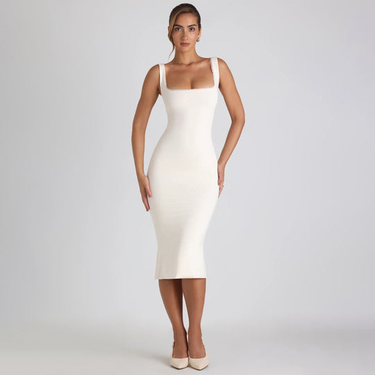 Damen figurbetontes Midikleid mit quadratischem Ausschnitt und Spitzenakzenten EB