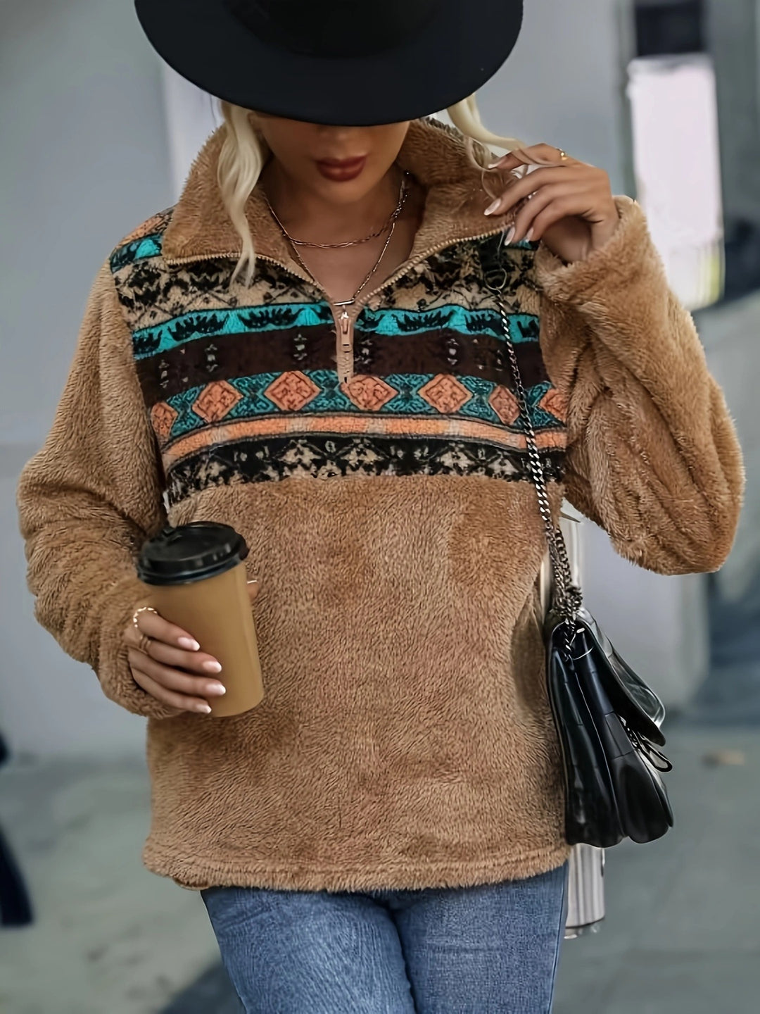 Damen Fleece-Pullover mit modischem Reißverschluss und buntem Muster EB