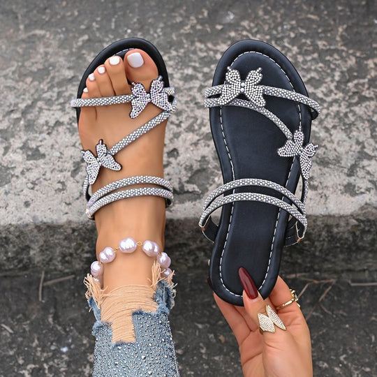 Damen Sandalen mit funkelnden Blütenapplikationen und eleganter Riemenkonstruktion EB