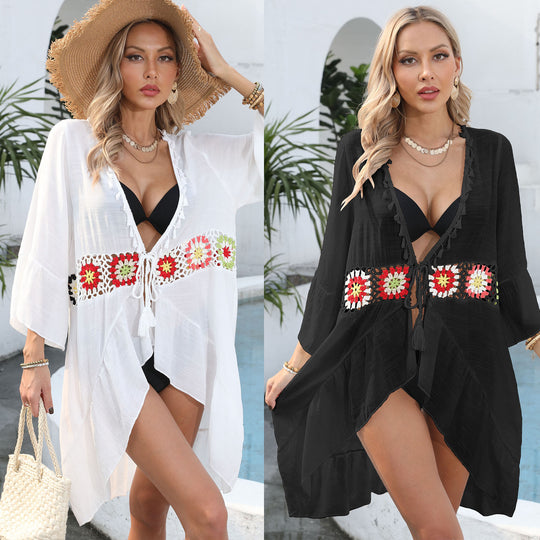 Damen eleganter Strandüberwurf mit floralem Häkelmuster EB