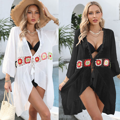 Damen eleganter Strandüberwurf mit floralem Häkelmuster EB