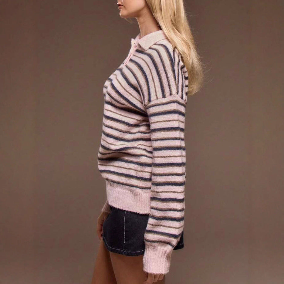 Damen gestreifter Pullover mit Polokragen EB