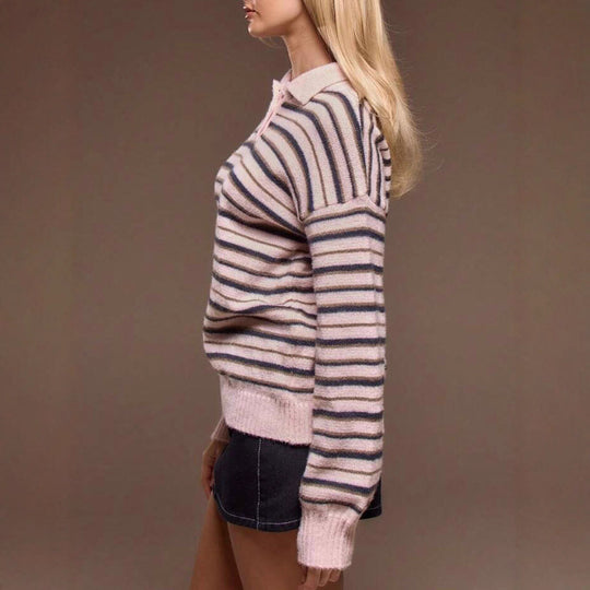 Damen gestreifter Pullover mit Polokragen EB
