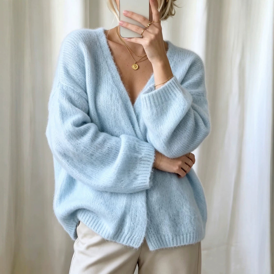 Damen Offener Fluffy-Feinstrick-Cardigan mit tiefem V‑Ausschnitt und legerer Oversize‑Silhouette EB