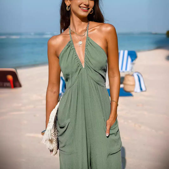 Damen lässiger Jumpsuit mit tiefem Ausschnitt und praktischen Taschen EB