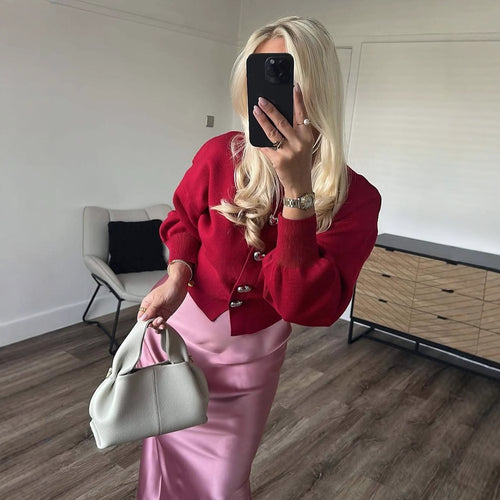 Damen Strickjacke mit eleganten Knöpfen und voluminösen Ärmeln EB