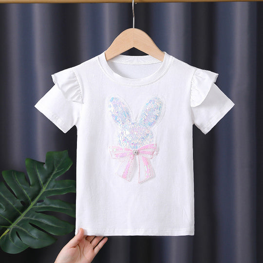 Mädchen T-Shirt mit aufgesticktem Häschen und Rüschendetails EB