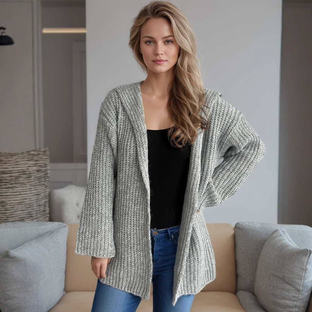 Damen lässige Strickjacke mit offenen Fronten und voluminösen Ärmeln EB