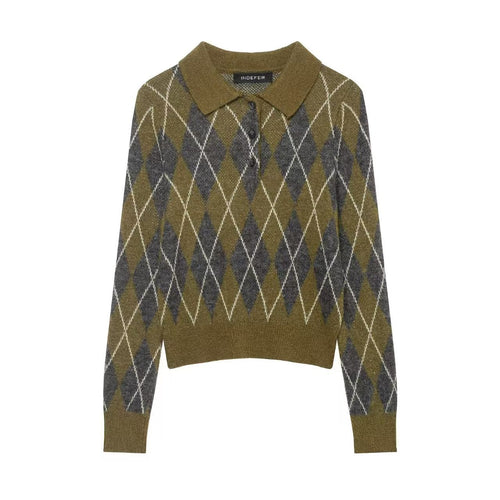 Damen nan Argyle-Polo-Strickpullover mit Cropped-Schnitt, Rippbündchen und Knopfleiste EB