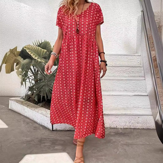Damen Maxikleid mit handgearbeitetem Blumenmuster und praktischen Seitentaschen EB