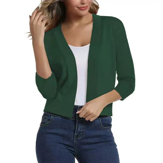 Damen nan offener Kurzcardigan mit dreiviertelärmeln und elastischem Saum EB