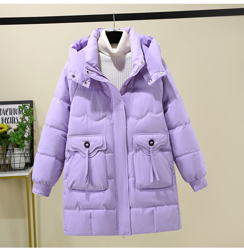Damen Lange Pufferjacke mit praktischem Kapuzenkragen und großen Taschen EB