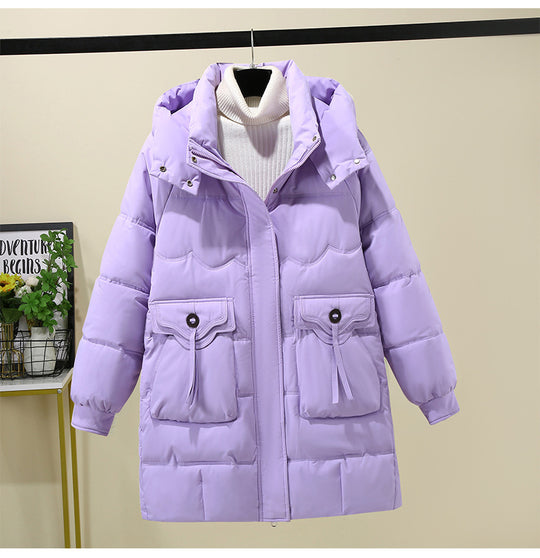 Damen Lange Pufferjacke mit praktischem Kapuzenkragen und großen Taschen EB