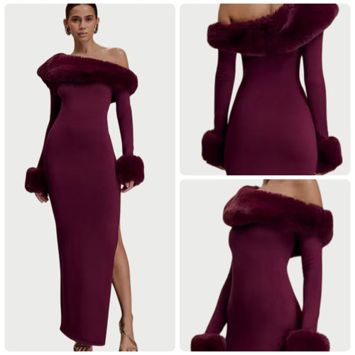 Damen Langarm-Maxikleid mit schulterfreier Optik und eleganten Fellakzenten EB