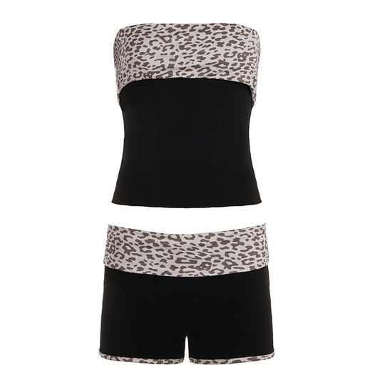 Damen Bandeau-Bikini-Set mit modischem Leopardenmuster und bequemen Shorts EB