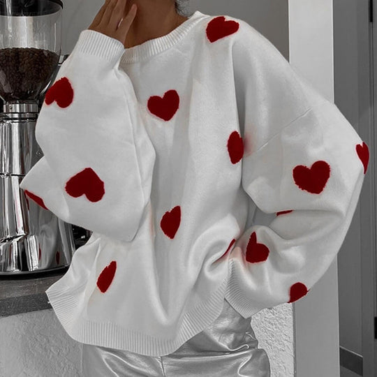 Damen Oversize-Feinstrickpullover mit Allover-Herzintarsien und überschnittenen Schultern EB
