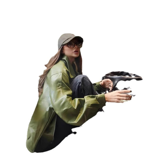 Damen lässige Kunstlederjacke mit voluminösen Ärmeln EB