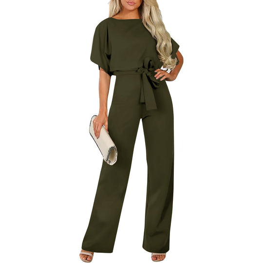 Damen langer Jumpsuit mit innovativem Bindegürtel und angeschnittenen Ärmeln EB
