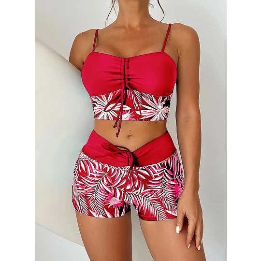Damen Crop-Top Bikini mit floralem Design und bequemen Shorts EB