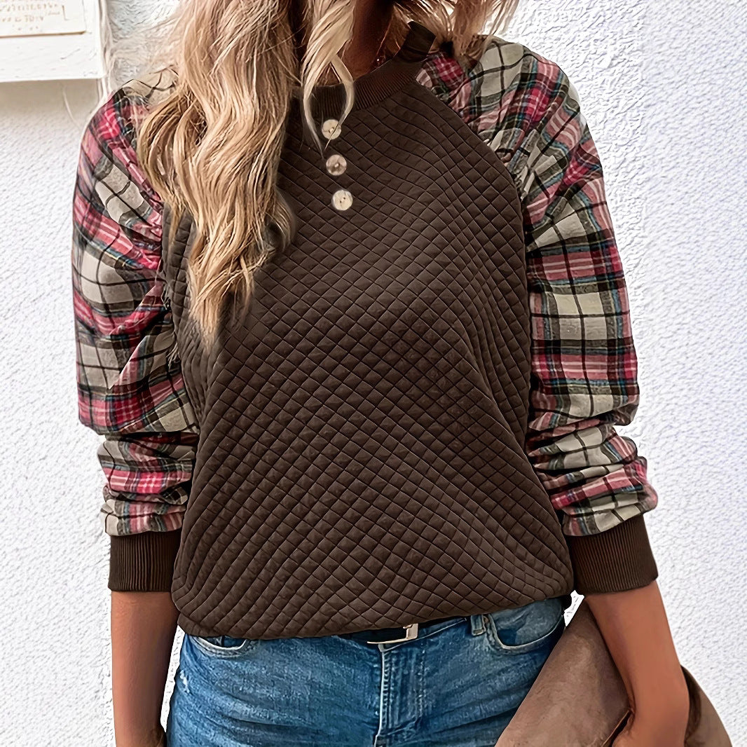 Damen Lässiger Sweatshirt mit gestepptem Design und karierten Ärmeln EB