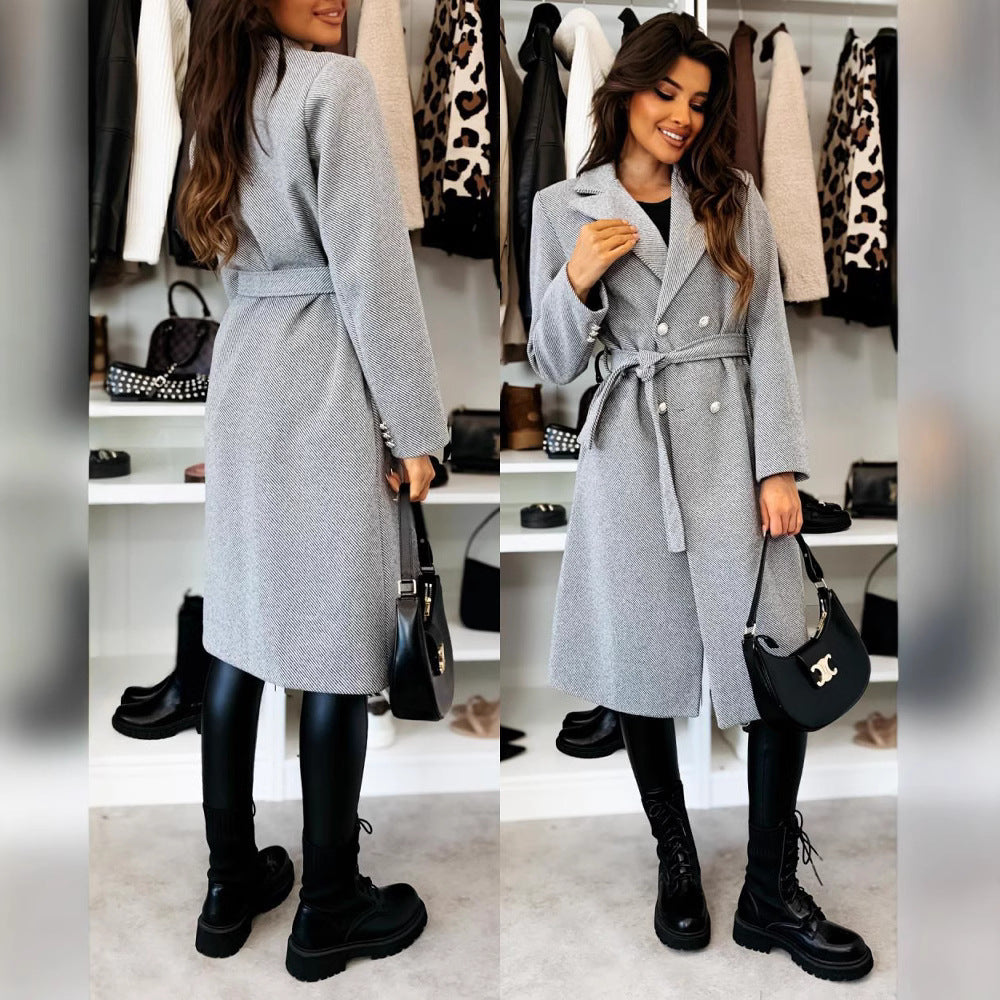 Damen Eleganter Trenchcoat mit taillierbarem Gürtel und Doppelreiher EB