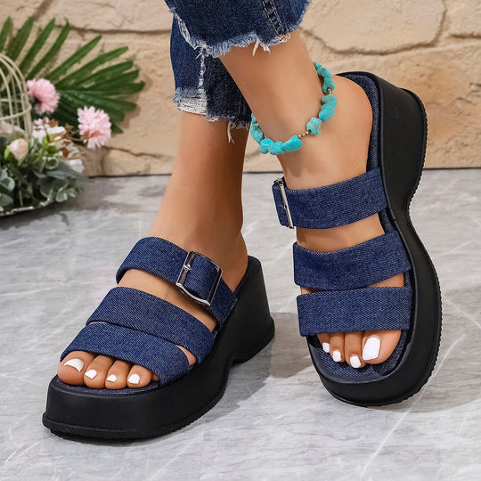 Damen Plateau-Pantoletten mit verstellbarem Riemendesign und modischem Denim-Obermaterial EB