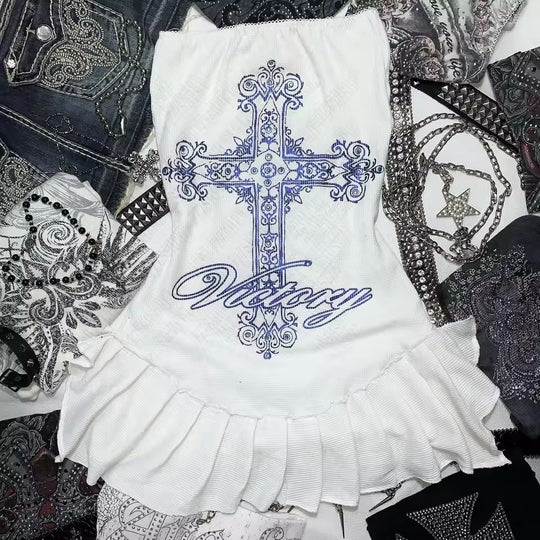Damen Figurbetontes Rüschenkleid mit Kreuzmotiv EB