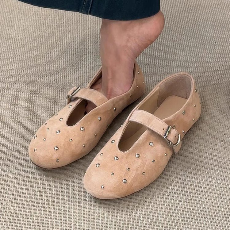 Damen elegante Ballerinas mit dekorativen Schmucksteinen und modischem Riemchen EB