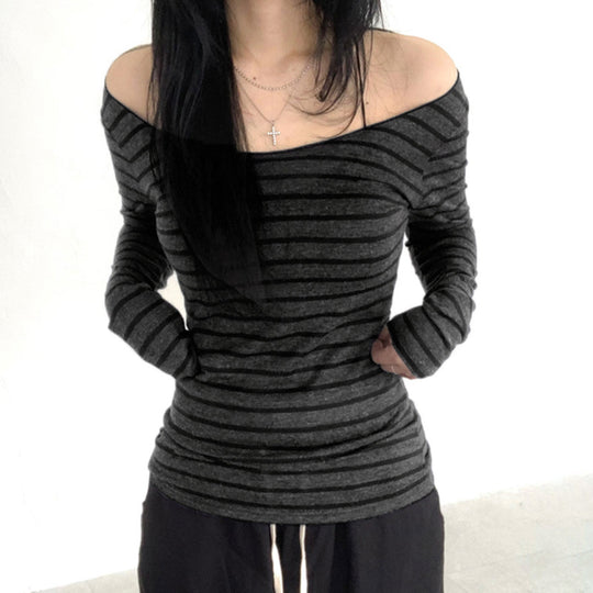 Damen nan schulterfreies gestreiftes Langarmshirt mit weitem U-Boot-Ausschnitt und figurbetonter Taillierung EB
