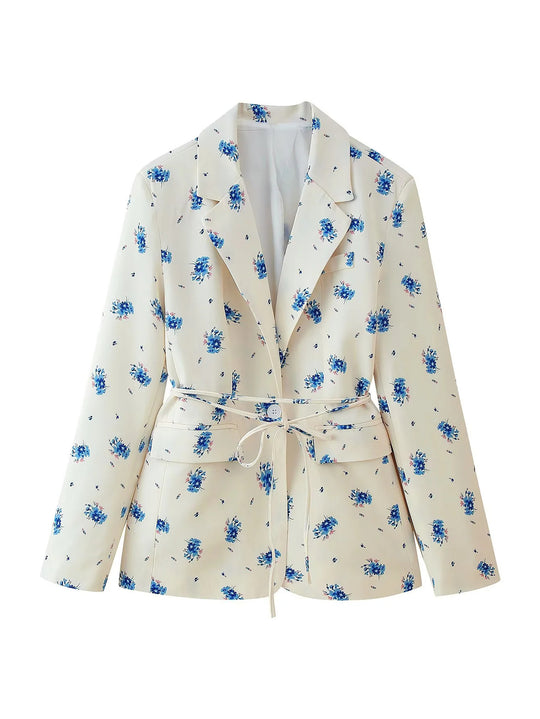 Damen taillierter Blazer mit floralem Muster und Bindegürtel EB