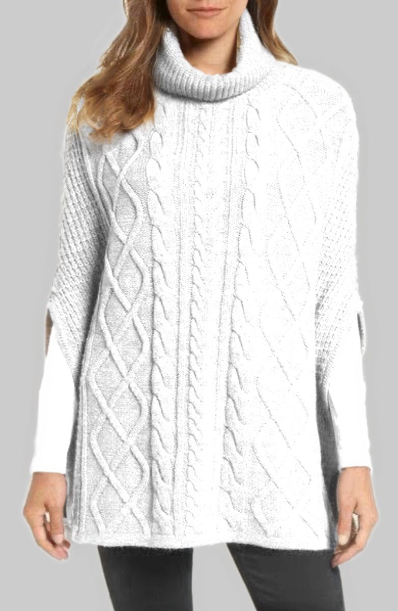 Damen Strickponcho mit hohem Kragen und klassischen Zopfmuster EB