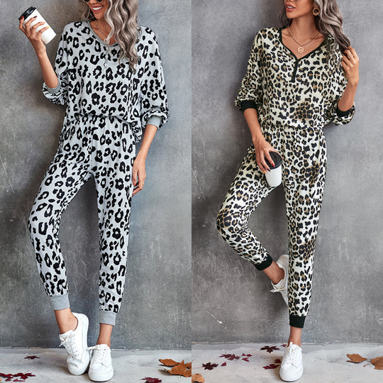 Damen Leo-Print Jogginganzug mit breitem Taillenbund und modischen Bündchen EB