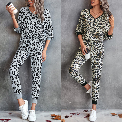 Damen Leo-Print Jogginganzug mit breitem Taillenbund und modischen Bündchen EB