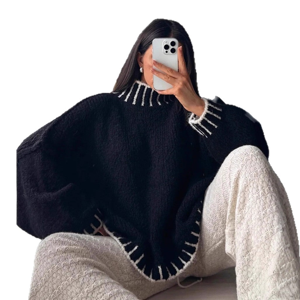 Damen lässiger Grobstrickpullover mit voluminösen Ärmeln und hohem Kragen EB