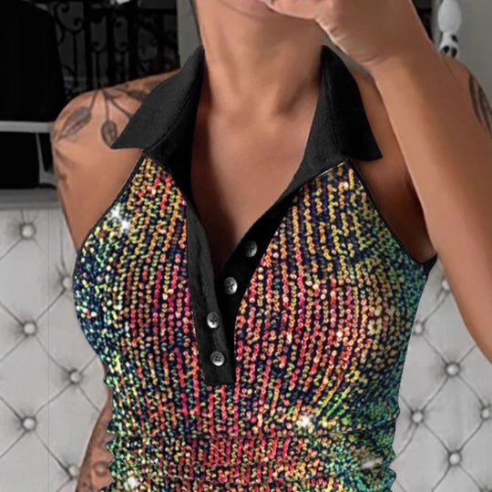 Damen Glitzerndes Poloshirt mit Leopardenmuster EB
