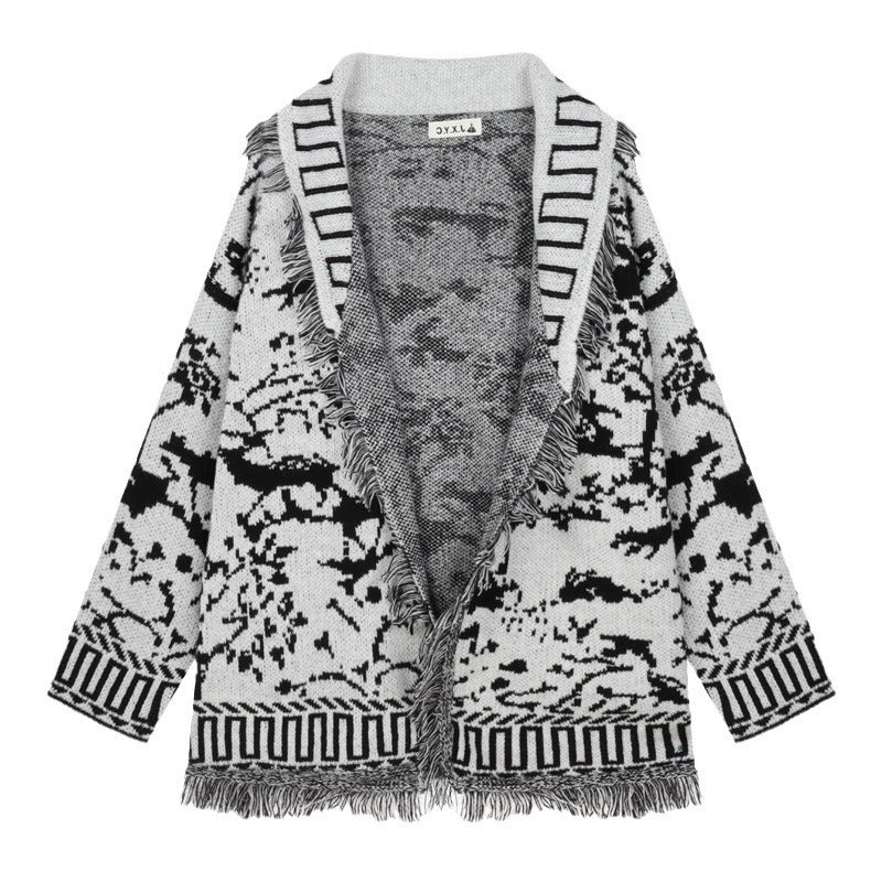 Damen Fransen-Strickjacke mit grafischem Muster und offenen Vorderteilen EB