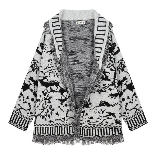 Damen Fransen-Strickjacke mit grafischem Muster und offenen Vorderteilen EB