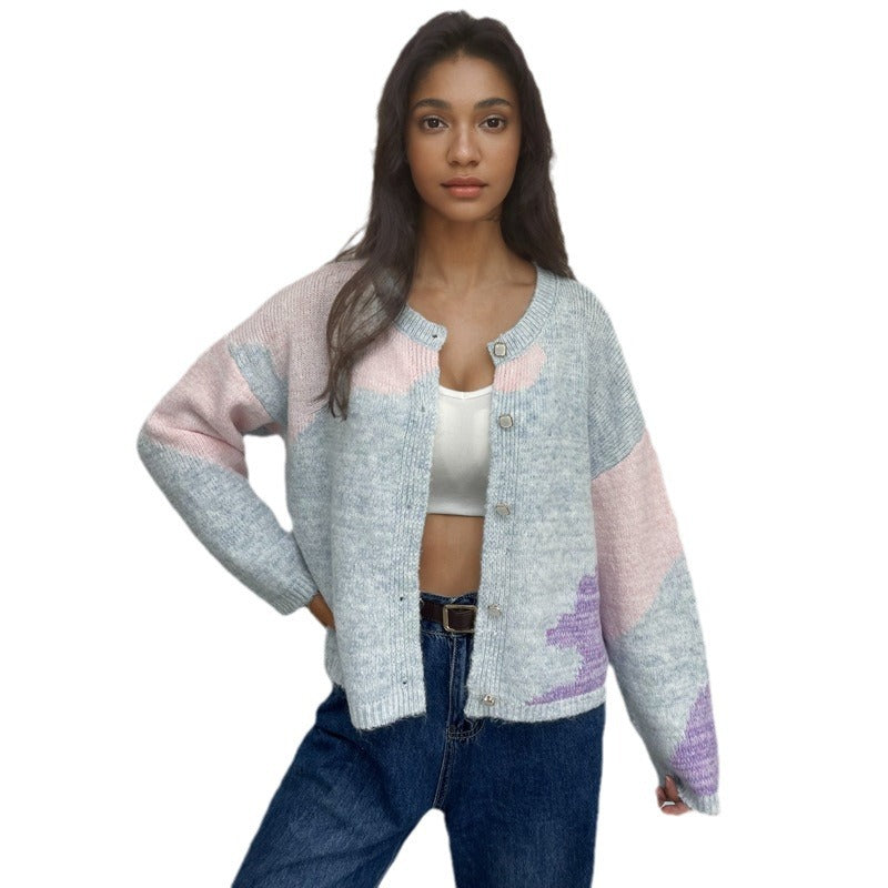 Damen kreativer Strickpullover mit asymmetrischem Ausschnitt und buntem Design EB