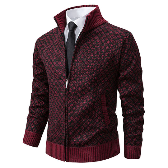 Herren nan gemusterte Strickjacke mit Stehkragen und durchgehendem Reißverschluss EB