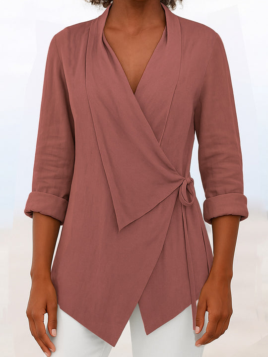 Damen Asymmetrische Wickelbluse mit Schalkragen und 3/4-Ärmeln EB