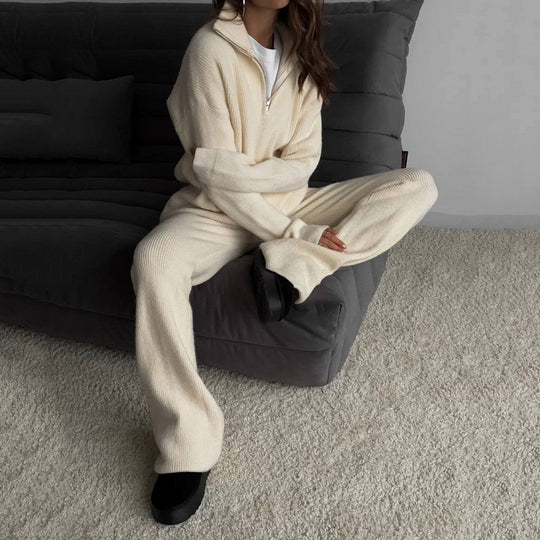 Damen nan geripptes Strick-Lounge-Set mit Halbzip-Pullover und hochgeschnittener Leggings EB