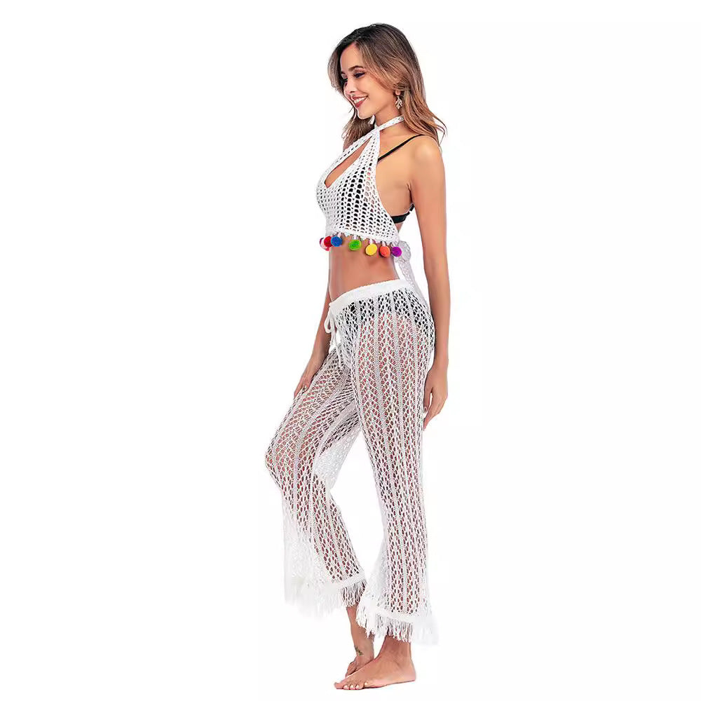 Damen Häkelstrickhose mit fransigen Säumen und hohem Bund EB