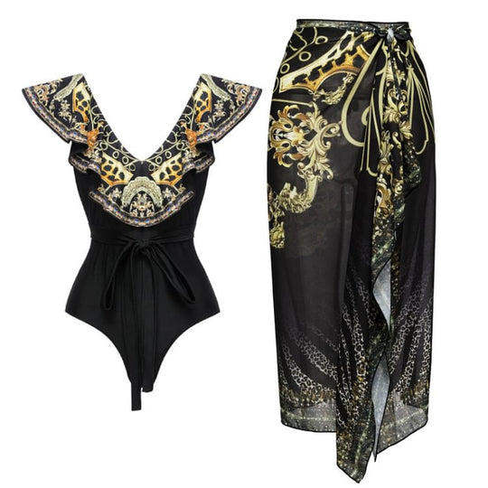 Damen Einteiler Badeanzug mit elegantem Design und passendem Wickeltuch EB