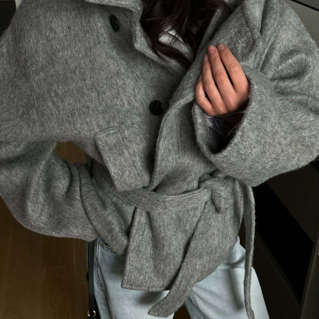 Damen Oversized Wolljacke mit Bindegürtel und lässigem Schnitt EB