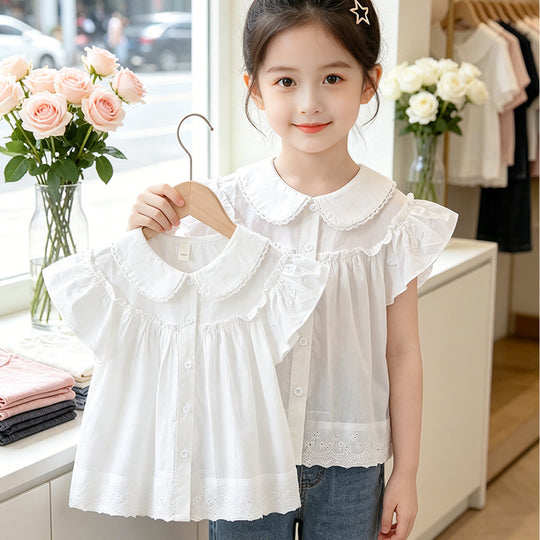 Mädchen elegante Bluse mit Spitzenkragen und Rüschendetails EB