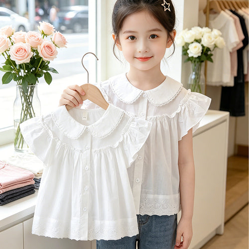 Mädchen elegante Bluse mit Spitzenkragen und Rüschendetails EB