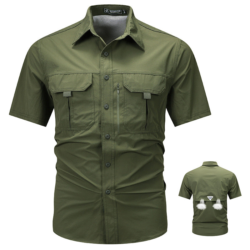 Men's  tactical short sleeve button shirt with dual flap chest pockets and discreet zip utility pocket EB