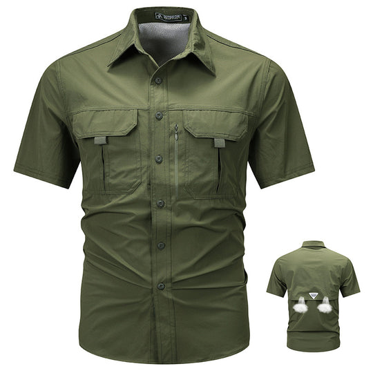 Men's  tactical short sleeve button shirt with dual flap chest pockets and discreet zip utility pocket EB