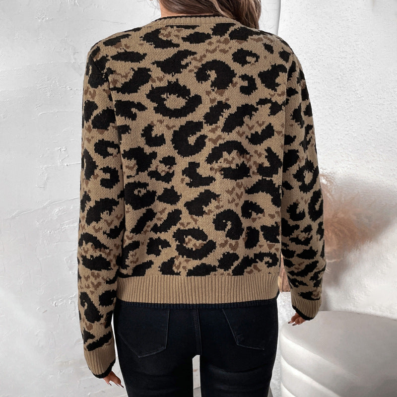 Damen Leo-Muster Strickjacke mit Bändern EB